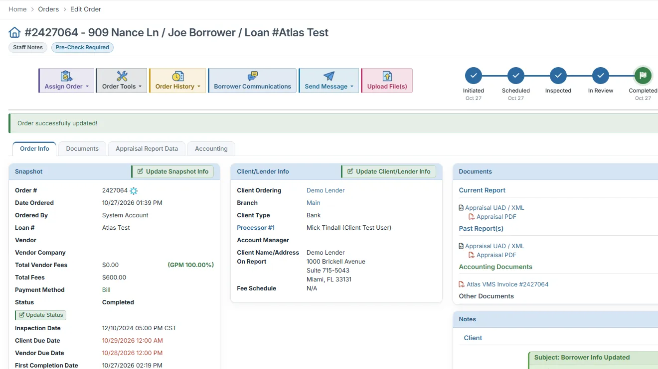 An AIM-Port order file: order actions, a status tracker from Initiated to Completed, and snapshot, client and document panels.